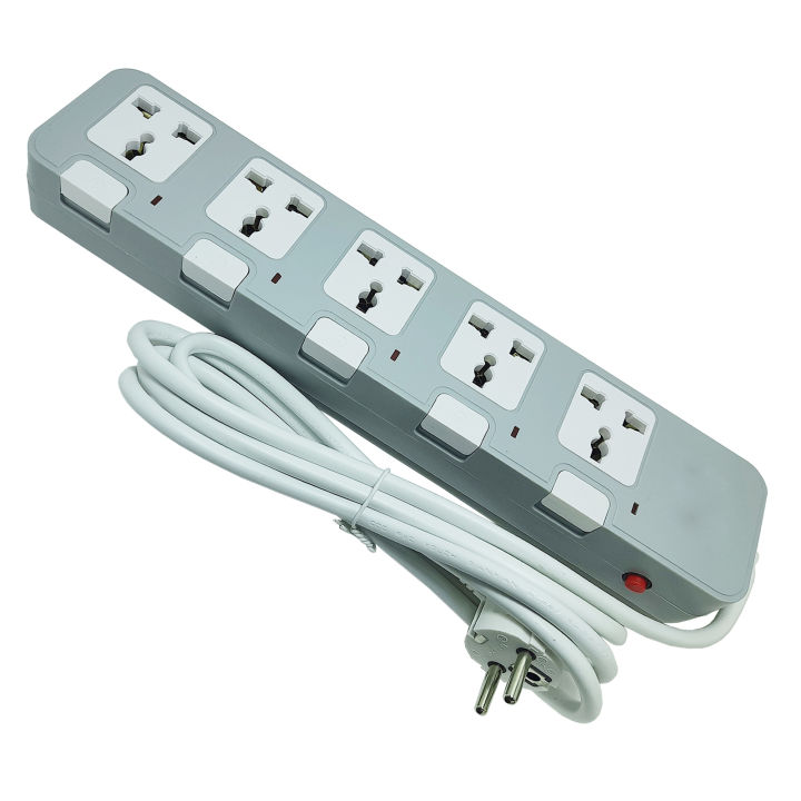 5-Port Universal Extension Cord with Surge Protector & Individual Switches – 2m Cable, 2500W 13A – Multiplug Power Strip for Home, Office & Travel Use