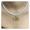 Evil Eye Pendent Necklace with Pearl Fow Women. 