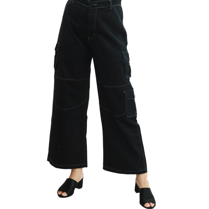 Black Cotton Side Pocket Design Cargo Pant For Women