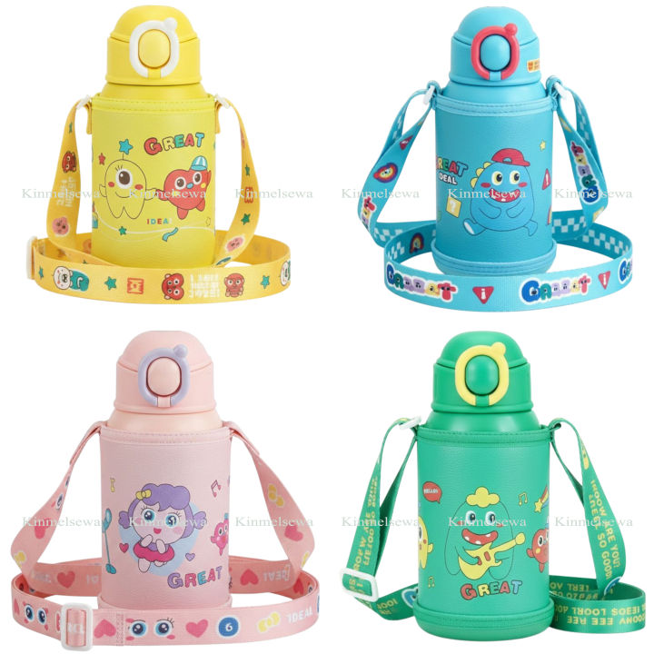 500ml Premium Kids Vacuum Flask with Straw & Shoulder Strap - SUS 316 Stainless Steel Insulated Water Bottle - DIY 3D Cute Stickers & Soft Silicone Sleeve - Keeps Hot/Cold for School & Travel