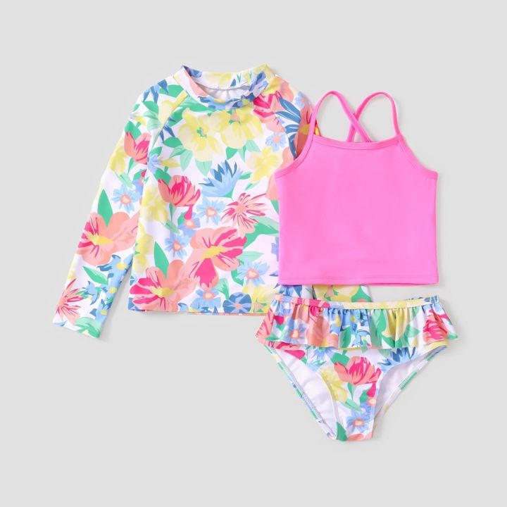 3pcs Kid Girl Sweet Tropical Print Swimsuits Set