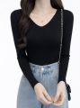 T-Shirt For Women All-Season Ribbed Knit Casual V-Neck Full Sleeve Top Multiple Colors. 