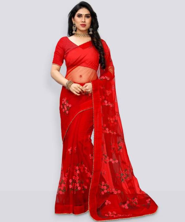 Fabdale Red Embroidered Net Bollywood Saree | Party & Festive Wear (PATL-001)
