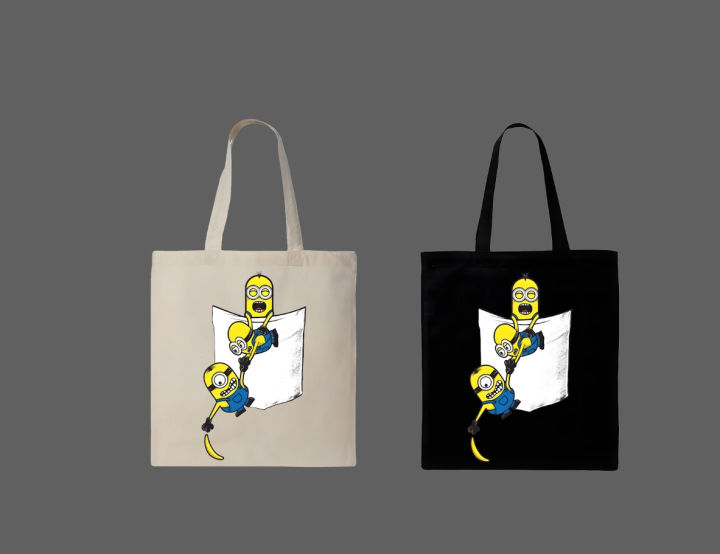 Minions Printed Cotton Tote Bag | White & Black