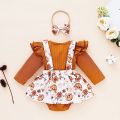 Infant Baby Girl Floral Romper Dress with Headband Outfits Long Sleeve Knit Bodysuit Overall Tutu Skirt Fall Winter Clothes, Brown Floral. 