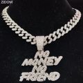 NEW STYLE Men Women Hip Hop NO Money No Friend Pendant Necklace with 13mm Cuban Chain HipHop Iced Out Bling Necklaces Fashion Jewelry. 