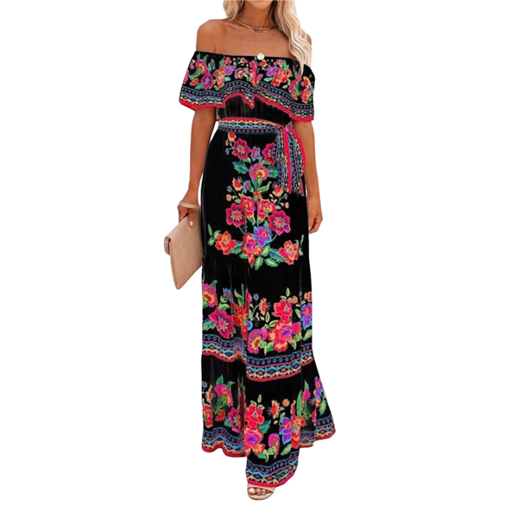 Sleeveless Beach Long Maxi Dress Black & Red M
