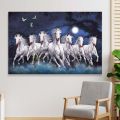 Single Panel Seven White Horse Force Running on Full Moon Night On River Splashing Out Water Matte Canvas Cotton Print | HQ | Great Significance in Vastu | XXS | Tightly Wrapped In Wooden Frame | Not stickers or No Forex Board. 