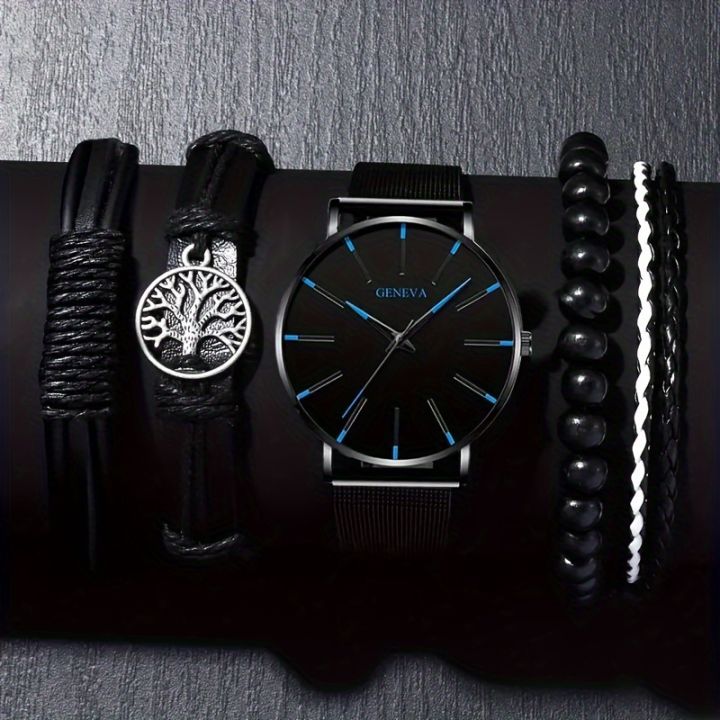 New specials 5pcs/set, Mens Stainless Steel Quartz Watch and Bracelet Set - Durable Precise, and Comfortable Accessory forBusiness and Sports