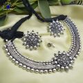 Silver Oxidized Floral Tribal Designed Choker Necklace Set by Jewels of Nepal. 