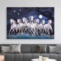 Single Panel Seven White Horse Force Running on Full Moon Night On River Splashing Out Water Matte Canvas Cotton Print | HQ | Great Significance in Vastu | S | 12 X 18 | Tightly Wrapped In Wooden Frame | Not stickers or No Forex Board. 