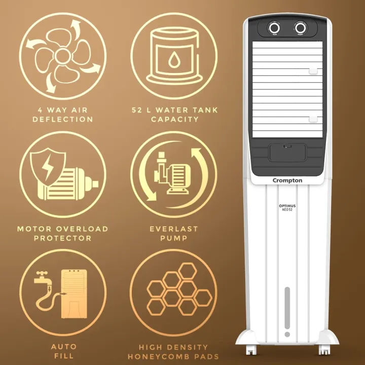Crompton%2052%20Litre%20Air%20Cooler%20Optimus%20Neo%2052%20Tower%20Air%20Cooler%20With%20Everlast%20Pump,%20Auto%20Fill,%204-Way%20Air%20Deflection%20and%20High%20Density%20Honeycomb%20pads;%20White%20&%20Black,%201%20Year%20Warranty%20-%20Image%203