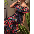 Sleeveless Beach Long Maxi Dress Black & Red M. 