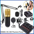 BM800 Condenser Microphone Full Set - Professional Karaoke and Recording Kit with V8 Plus Sound Card and 48V Phantom Power. 