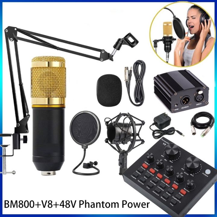 BM800 Condenser Microphone Full Set - Professional Karaoke and Recording Kit with V8 Plus Sound Card and 48V Phantom Power