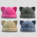 Fashion Cute Cat Ears Brimless Hat Adjustable Washed Old Solid Color Beanie Hat Sweet Breathable Bucket Cap Travel. 