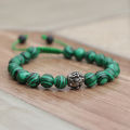 Unisex Malachite Stone Wrist Mala With Mantra Carved White Metal/ Bracelet. 