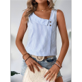 Women'S Button Asymmetrical V Neck Striped Print Blouses Casual Sleeveless Tank Top Summer Shirt Tops. 