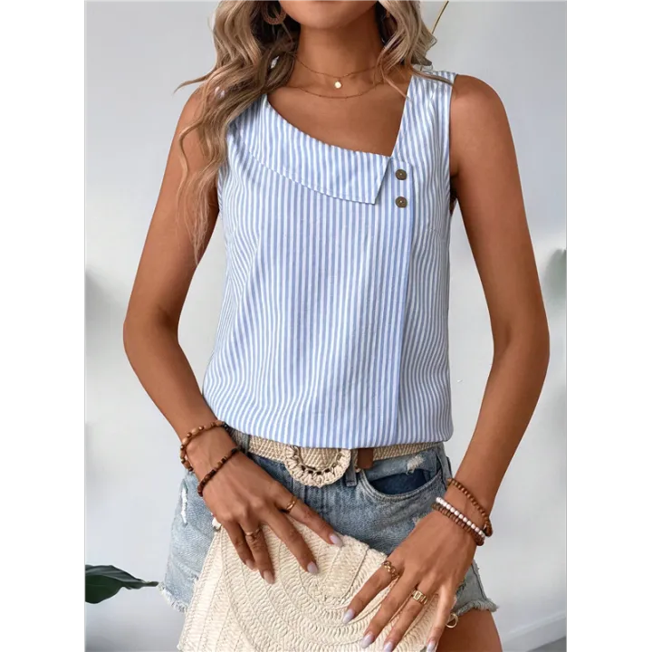 Women'S%20Button%20Asymmetrical%20V%20Neck%20Striped%20Print%20Blouses%20Casual%20Sleeveless%20Tank%20Top%20Summer%20Shirt%20Tops%20-%20Image%205