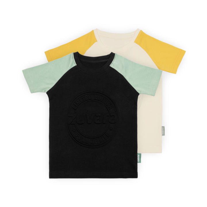 Cotton Embossed T-Shirt for Boy  and Girl pack of two (Yellow and Turquoise Green)