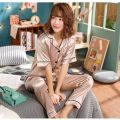 Korean Satin Silk Floral Pajama Set- Full Sleeve-Sleepwear- Nightdress. 