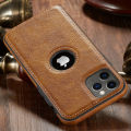 TPU With Logo Hole Leather Protective Mobile Back Cover for iPhone 13 Pro Max Case Logo Cut Design Dark Brown Brown Color. 