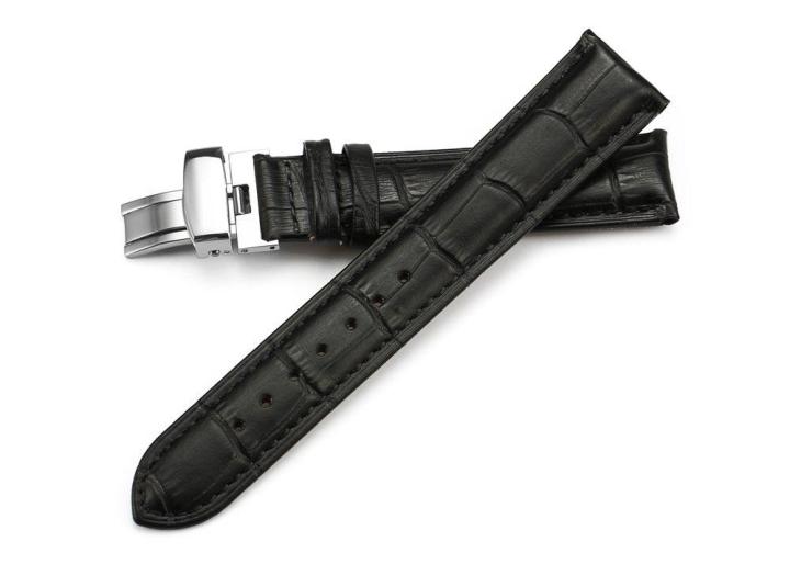 19Mm Cow Leather Watch Band Alligator Grain Padded Replacement Deployment Strap Black 19