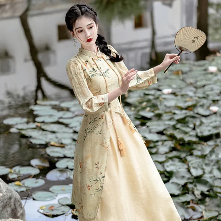 New%20Chinese%20style%20buckle%20cheongsam%20dress%20Women's%20Spring%20and%20Autumn%20New%20Chinese%20style%20retro%20modified%20dress%20waist-tight%20long%20dress%20-%20Image%202