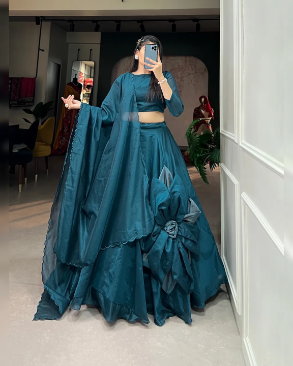 Floral Radiance – Rajwadi Chanderi Silk Lehenga Choli Set By Sapnaaz Fashion - Blue