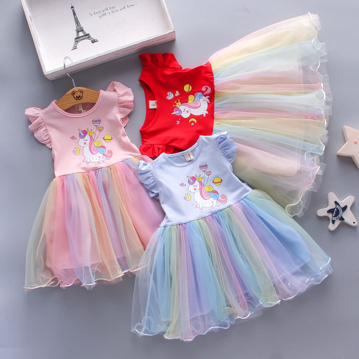 knee length dresses for ladies Bi-Material Dress Dusty Pink With Mesh Skirt And Unicorn main image 1