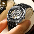 OLEVS Men's Watches Automatic Skeleton Self Winding Watches with Black Leather Band Waterproof Original Mechanical Watch for Man. 
