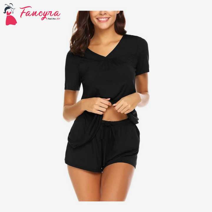Fancyra Women'S Shorts Pajama Set Short Sleeve Sleepwear Nightwear Pajamas Shorts Racerback Pj Lounge Sets Sleepwear Babydoll Free Size Black Color