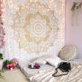 Golden Black Mandala Tapestry Wall Hanging 84 x 94 Inches Handmade Cotton Bohemian Beach Throw Bedspread Picnic Blanket. 