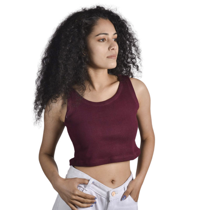 Crop Sando Top Maroon Color T-Shirt For Women