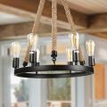 6 – Light Candle Style Wheel Chandelier with Rope Accent. 