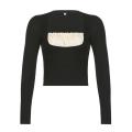 Rapcopter y2k Frill Crop Top Bow Cute T Shirt Patched Black Full Sleeve Pullovers Retro Grunge Fairycore Korean Tee Women Chic. 