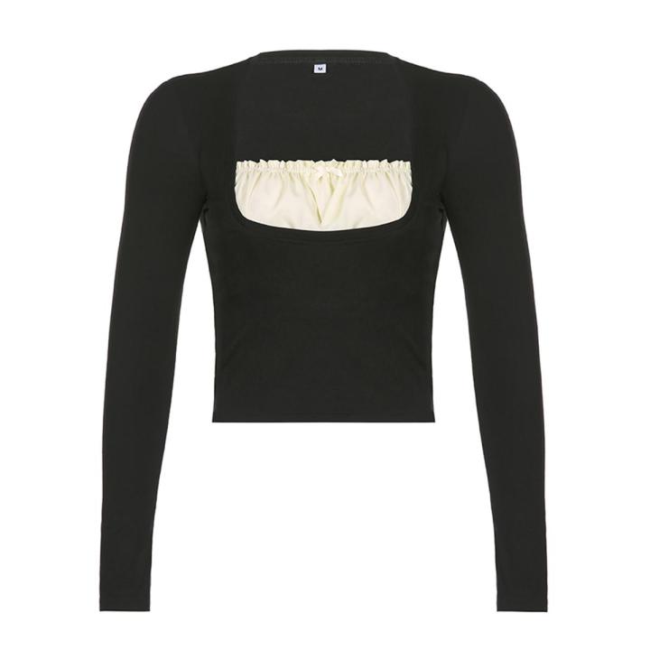 Rapcopter y2k Frill Crop Top Bow Cute T Shirt Patched Black Full Sleeve Pullovers Retro Grunge Fairycore Korean Tee Women Chic