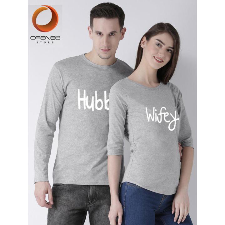 "HUBBY WIFEY" Printed Couple T-Shirt Full Sleeves