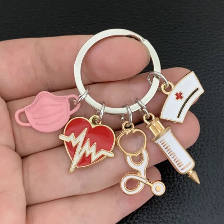 New Doctor Keychain Medical Tool Key Chain Heartbeat Stethoscope Syringe Nurse Cap Key Ring Nurse Gift DIY Handmade Jewelry