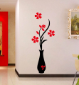 Wooden Wall Sticker Acrylic 3D Plum Flower Vase Wall Stickers Home Decoration Wall Decal Red Floral DIY Poster Stickers. 