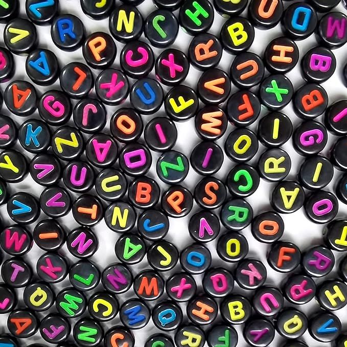 Pack of 26 / 50 / 100 Pieces | Black Round Colorful Letter Beads | Mixed Alphabet Beads | 7 mm | Used in Jewelry Making Accessories and DIY projects