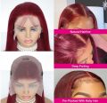 100% Real Human Hair Wig 13x4 HD Swiss Front Lace Full Head Cap Glueless Pre Plucked Dyeable Straight Light Body Wave Natural Hairline 30"inches Long Adjustable Elastic Band for Girls Women Ladies Cancer Chemotherapy Patient - Burgundy Beetroot. 