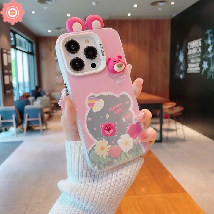 Cute Strawberry Bear Lotso Case For Redmi 12 13C 9 10C 12C A1 10A 9C 9A 10 9T Note 10 10s 8 12 9 11 13 11s Pro Poco M3 C55 C65 Pro Luxury Bracelet Cartoon Winnie DIY 3D Doll Case