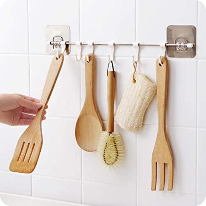 Self Adhesive Stainless Steel Rod with 6 Hooks Wall Mounted Utensil Hanging Rack Holder | Bathroom Towel Hanger | Kitchen Hanger Hooks (Steel Rail Hook)