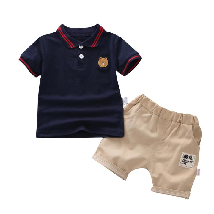Yfashion 2pcs/set Kids Boys Summer Cute Bear Embroidery Shirt + Shorts