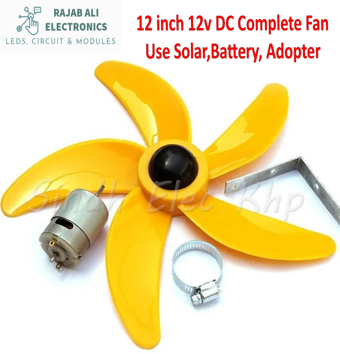 Set of 12" inch Fan and 12 Volt DC Motor DIY 5 Wings Fan  (Motor + 5 Wings Fan + Stand) Solar, Battery, Adoptor Fan Premium Quality