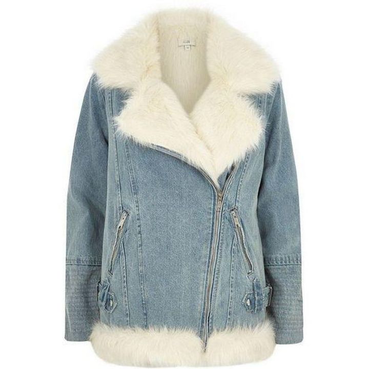 Denim Faux Fur Aviator Jacket