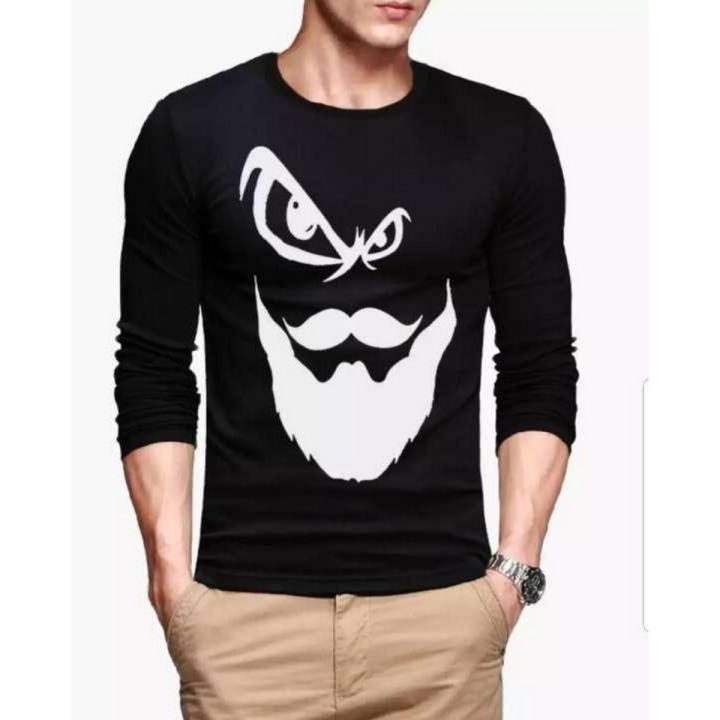 Black Round Neck Full Sleeves Beard face Printed  Cotton T shirt