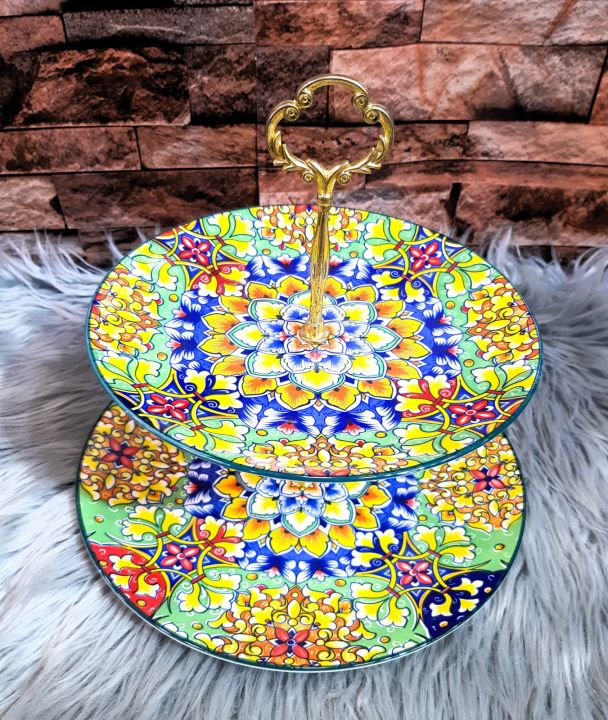 Ceramic Fruit Bowl Cake Stand 2 Tier Serving Platter with Round Glass Plate & Golden Stainless Steel Holder for Birthday/Party/Wedding