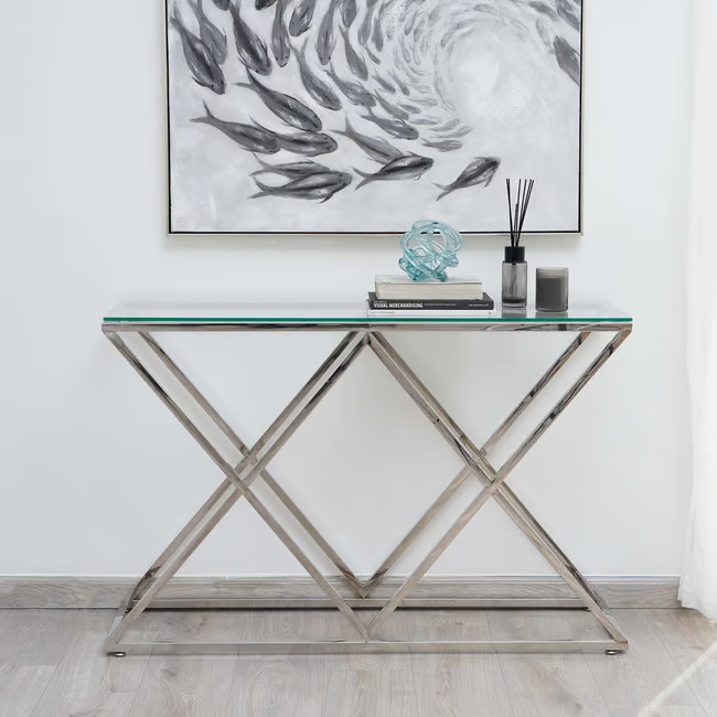 Wingle Console Table Glass in Stunning Silver Finish - V-Shape Console Table for Stylish Entryway and Hallway Décor